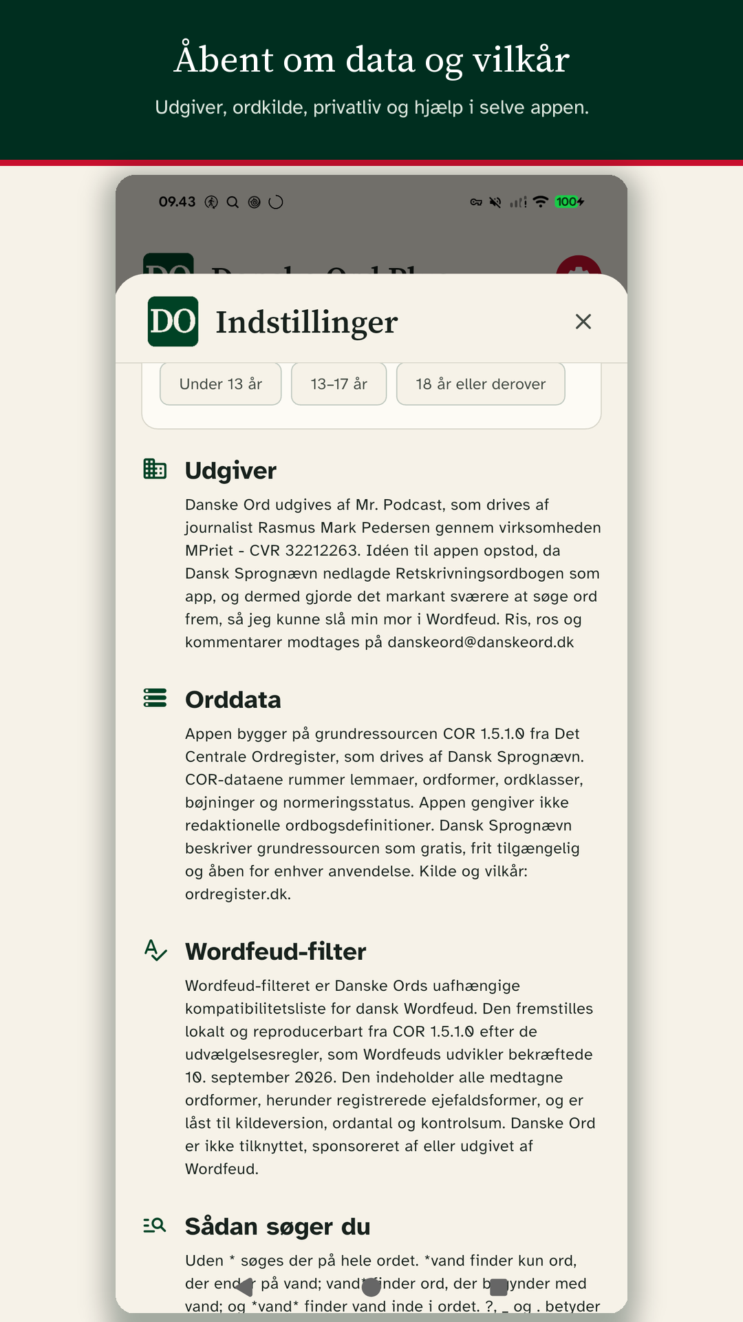 Indstillinger samt oplysninger om data, vilkår og udgiver