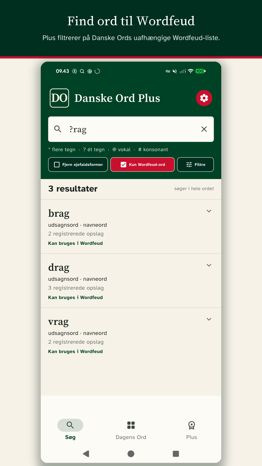 Wordfeud-filteret viser kun godkendte ord i søgningen